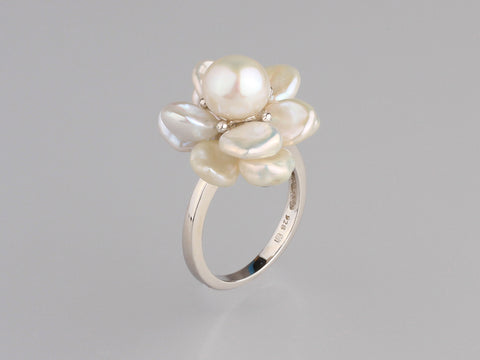 Sterling Silver Ring with Button and Keshi Shape Freshwater Pearl