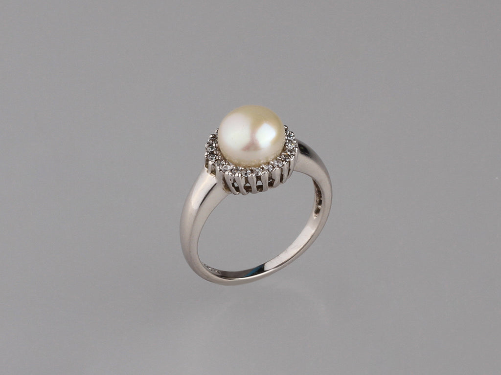 Sterling Silver Ring with 7.5-8mm Button Shape Freshwater Pearl and Cubic Zirconia