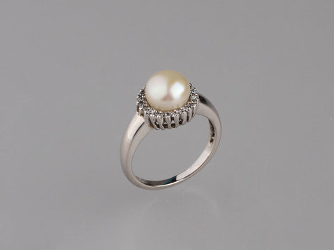 Sterling Silver Ring with 7.5-8mm Button Shape Freshwater Pearl and Cubic Zirconia