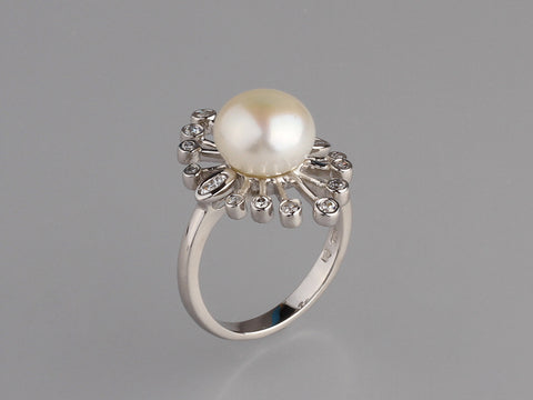 Sterling Silver Ring with 10-10.5mm Button Shape Freshwater Pearl and Cubic Zirconia