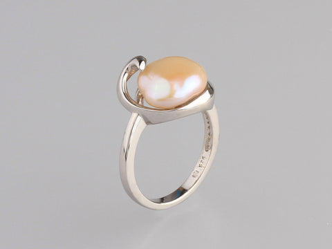 Sterling Silver Ring with 11-11.5mm Button Shape Freshwater Pearl