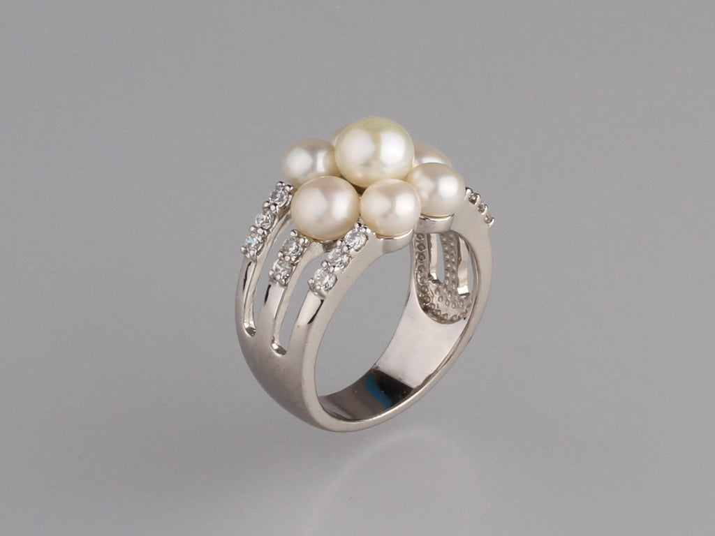 Sterling Silver Ring with Button Shape Freshwater Pearl and Cubic Zirconia