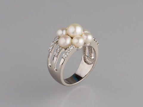 Sterling Silver Ring with Button Shape Freshwater Pearl and Cubic Zirconia