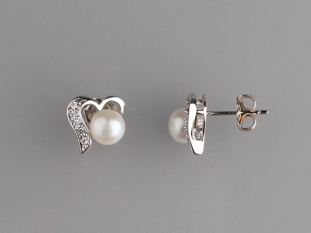 Sterling Silver Earrings with 6-6.5mm Button Shape Freshwater Pearl and Cubic Zirconia