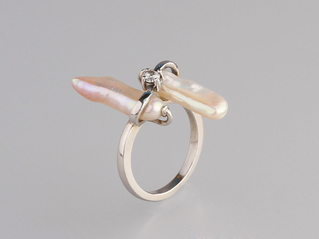 Sterling Silver Ring with 7*19mm Baroque Shape Freshwater Pearl and Cubic Zirconia