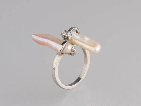 Sterling Silver Ring with 7*19mm Baroque Shape Freshwater Pearl and Cubic Zirconia