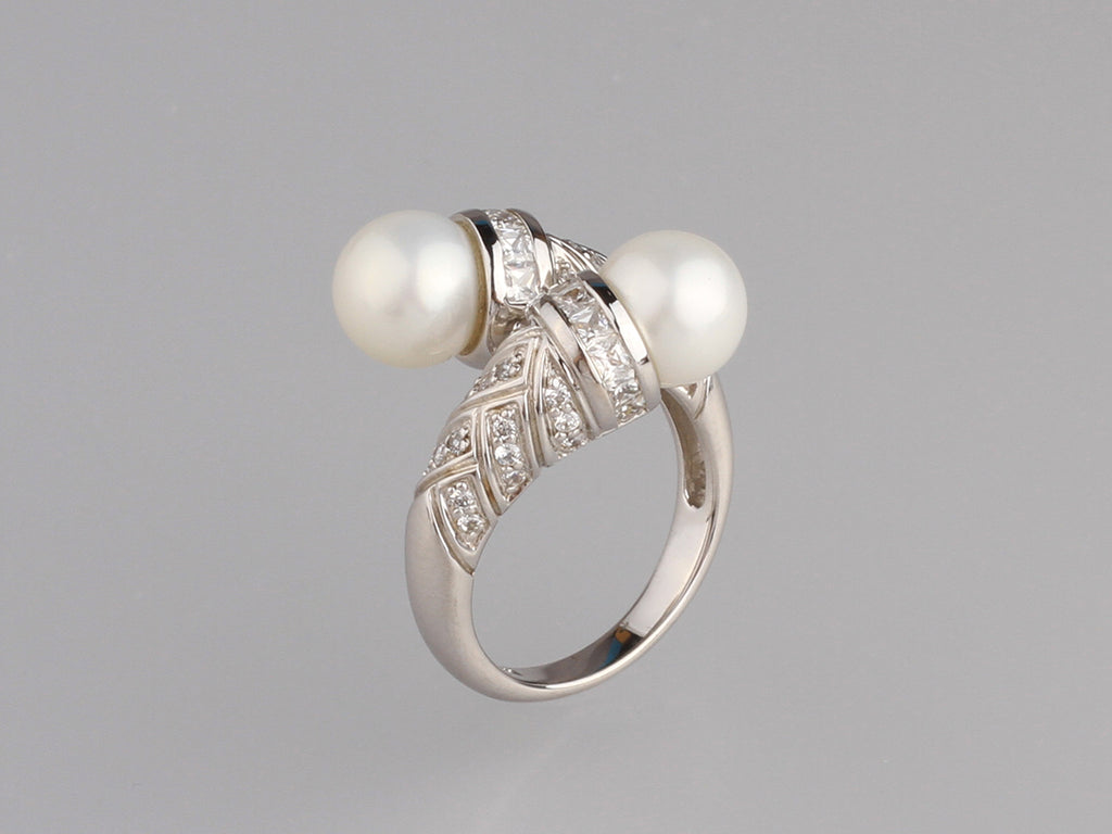 Sterling Silver Ring with 8-8.5mm Round Shape Freshwater Pearl and Cubic Zirconia