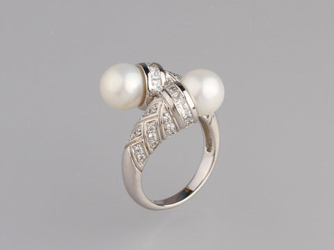 Sterling Silver Ring with 8-8.5mm Round Shape Freshwater Pearl and Cubic Zirconia