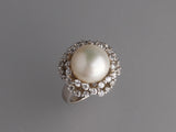 Sterling Silver Ring with 12.5-13mm Button Shape Freshwater Pearl and Cubic Zirconia
