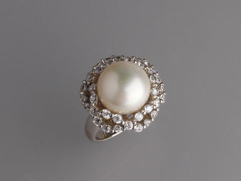 Sterling Silver Ring with 12.5-13mm Button Shape Freshwater Pearl and Cubic Zirconia