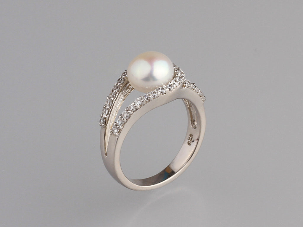 Sterling Silver Ring with 8-8.5mm Button Shape Freshwater Pearl and Cubic Zirconia