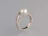 Sterling Silver Ring with 8-8.5mm Button Shape Freshwater Pearl and Cubic Zirconia