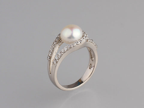 Sterling Silver Ring with 8-8.5mm Button Shape Freshwater Pearl and Cubic Zirconia