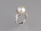 Sterling Silver Ring with 12-12.5mm Button Shape Freshwater Pearl and Cubic Zirconia