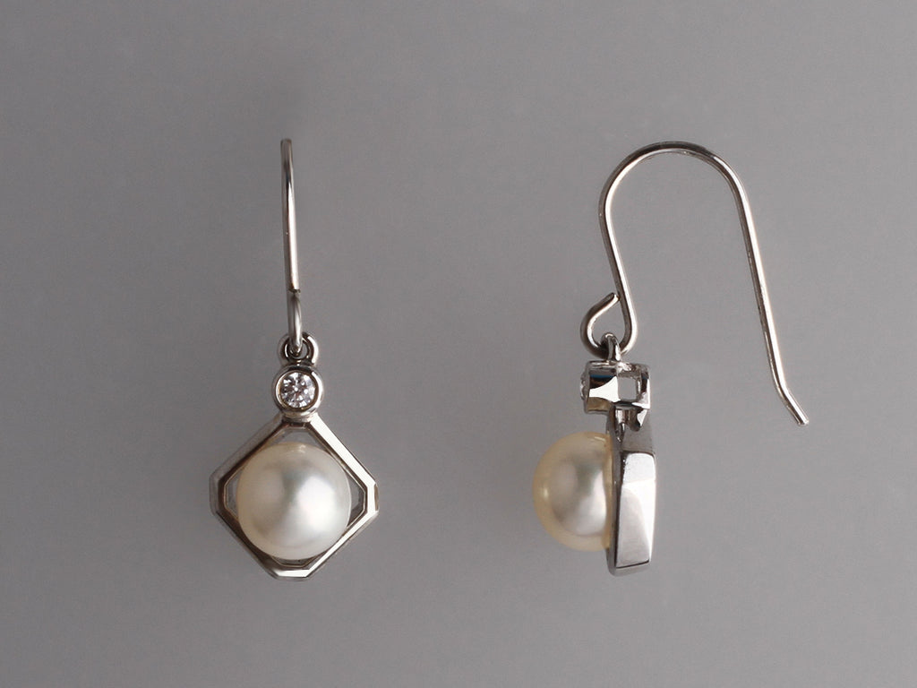 Sterling Silver Earrings with 7-7.5mm Button Shape Freshwater Pearl and Cubic Zirconia