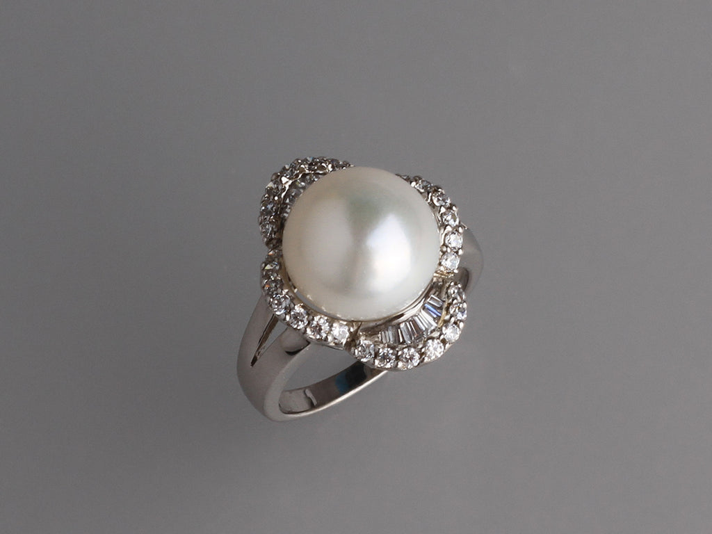 Sterling Silver Ring with 11.5-12mm Button Shape Freshwater Pearl and Cubic Zirconia