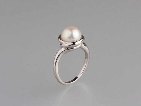Sterling Silver Ring with 9-9.5mm Button Shape Freshwater Pearl