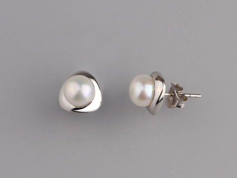 Sterling Silver Earrings with 7-7.5mm Button Shape Freshwater Pearl