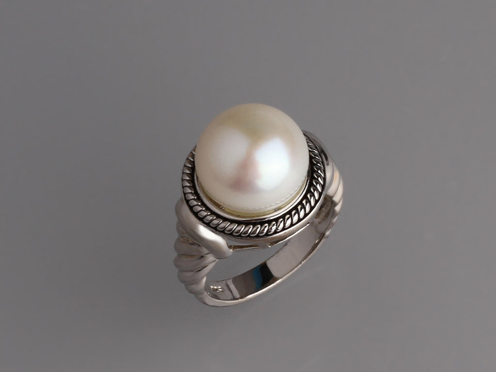 White and Black Plated Silver Ring with 12.5-13mm Button Shape Freshwater Pearl