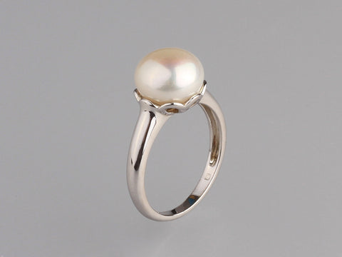 Sterling Silver Ring with 10-10.5mm Button Shape Freshwater Pearl