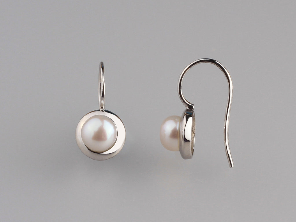 Sterling Silver Earrings with 6.5-7mm Button Shape Freshwater Pearl