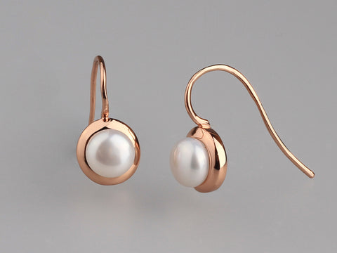 Rose Gold Plated Silver Earrings with 6.5-7mm Button Shape Freshwater Pearl