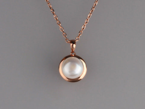 Rose Gold Plated Silver Pendant with 9.5-10mm Button Shape Freshwater Pearl