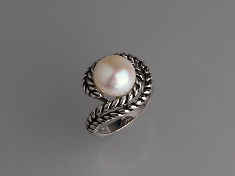 White and Black Plated Silver Ring with 11-11.5mm Button Shape Freshwater Pearl