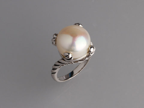 White and Black Plated Silver Ring with 13.5-14mm Button Shape Freshwater Pearl