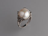 White and Black Plated Silver Ring with 13.5-14mm Button Shape Freshwater Pearl