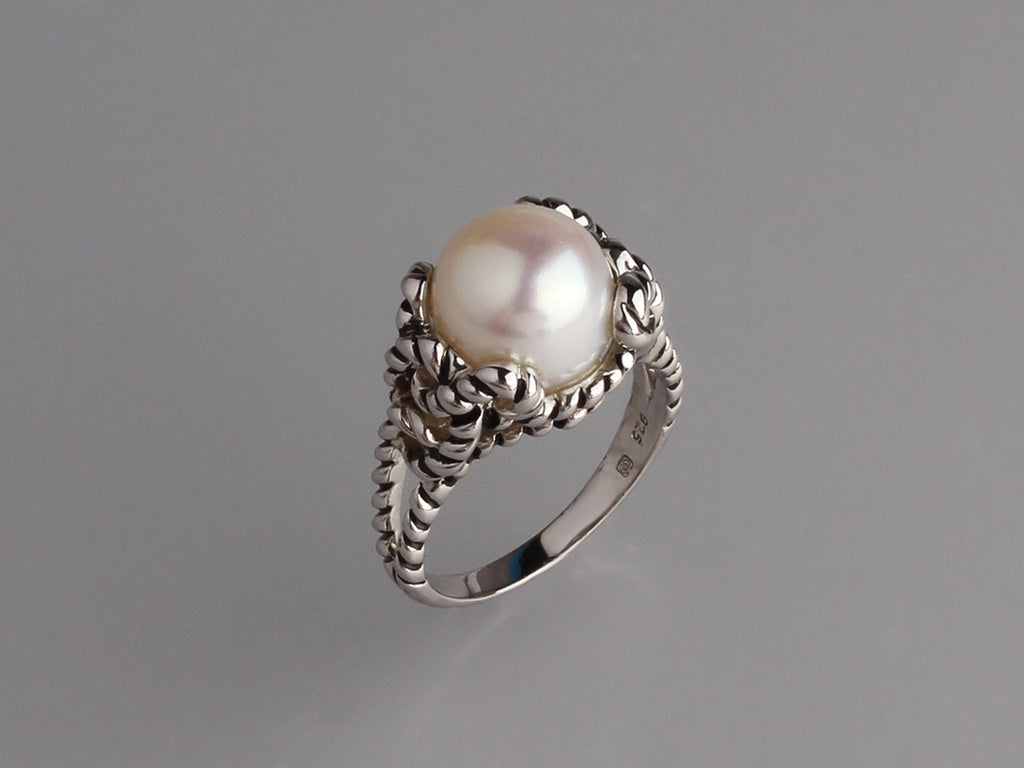 White and Black Plated Silver Ring with 10-10.5mm Button Shape Freshwater Pearl