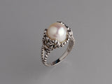 White and Black Plated Silver Ring with 10-10.5mm Button Shape Freshwater Pearl