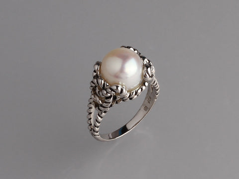 White and Black Plated Silver Ring with 10-10.5mm Button Shape Freshwater Pearl