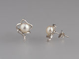 Sterling Silver Earrings with 6.5-7mm Button Shape Freshwater Pearl and Cubic Zirconia