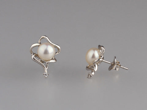 Sterling Silver Earrings with 6.5-7mm Button Shape Freshwater Pearl and Cubic Zirconia