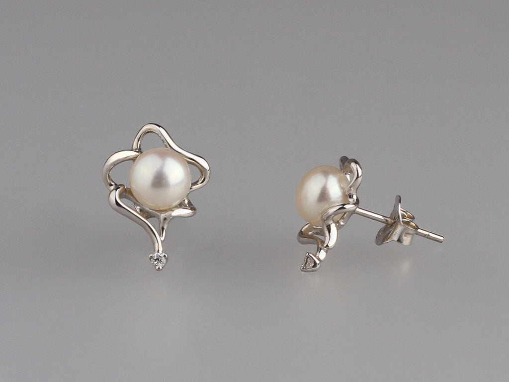 Sterling Silver Earrings with 6.5-7mm Button Shape Freshwater Pearl and Cubic Zirconia