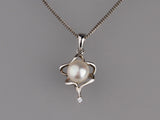 Sterling Silver Pendant with 7-7.5mm Button Shape Freshwater Pearl and Cubic Zirconia