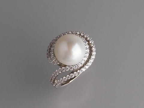 Sterling Silver Ring with 12-12.5mm Button Shape Freshwater Pearl and Cubic Zirconia