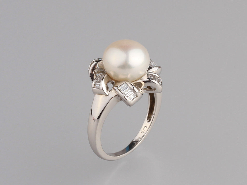 Sterling Silver Ring with 9.5-10mm Button Shape Freshwater Pearl and Cubic Zirconia