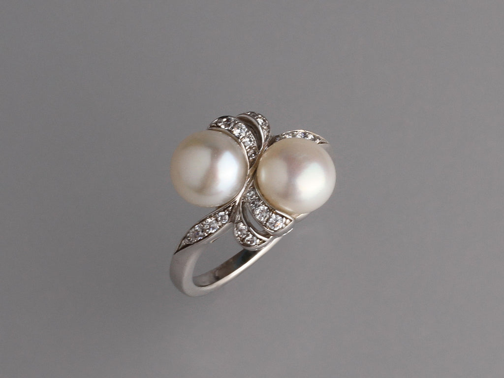 Sterling Silver Ring with 7.5-8mm Button Shape Freshwater Pearl and Cubic ZIrconia