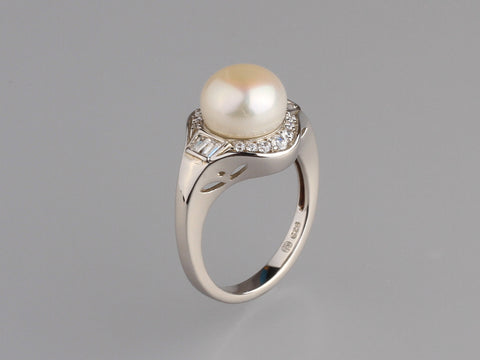 Sterling Silver Ring with 9.5-10mm Button Shape Freshwater Pearl and Cubic Zirconia