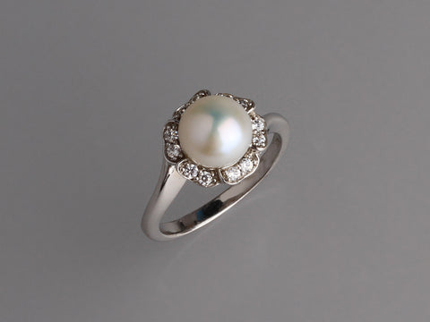 Sterling Silver Ring with 8-8.5mm Button Shape Freshwater Pearl and Cubic Zirconia