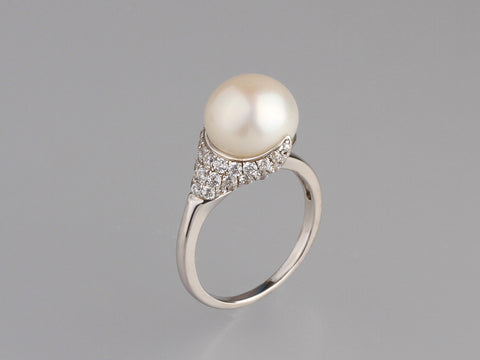 Sterling Silver Ring with 10.5-11mm Button Shape Freshwater Pearl and Cubic Zirconia