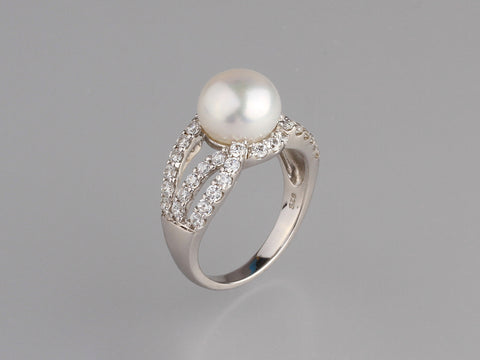 Sterling Silver Ring with 9.5-10mm Button Shape Freshwater Pearl and Cubic Zirconia