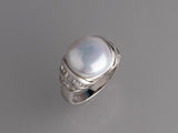 Sterling Silver Ring with 13.5-14mm Button Shape Freshwater Pearl and Cubic Zirconia
