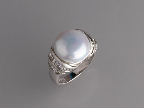 Sterling Silver Ring with 13.5-14mm Button Shape Freshwater Pearl and Cubic Zirconia