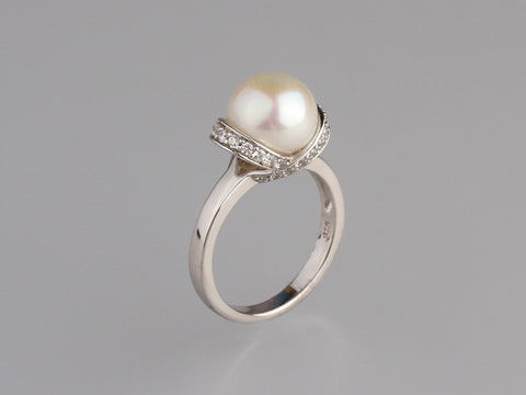 Sterling Silver Ring with 10-10.5mm Button Shape Freshwater Pearl and Cubic Zirconia