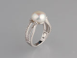 Sterling Silver Ring with 11-11.5mm Button Shape Freshwater Pearl and Cubic Zirconia