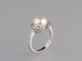 Sterling Silver Ring with 9.5-10mm Button Shape Freshwater Pearl and Cubic Zirconia