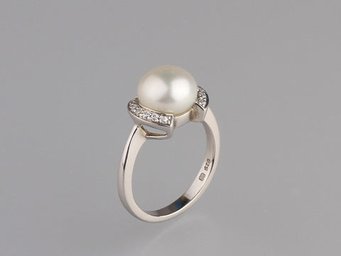 Sterling Silver Ring with 9.5-10mm Button Shape Freshwater Pearl and Cubic Zirconia